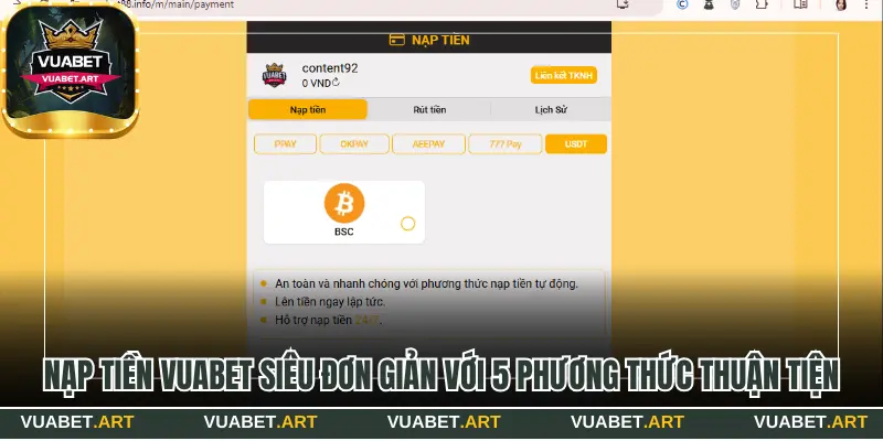 Nạp tiền Vuabet siêu đơn giản với 5 phương thức thuận tiện